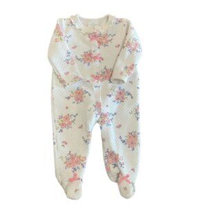 Laura Ashley White Floral Footed One-Piece with Pink Accents